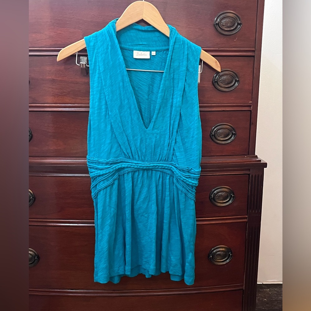 Deletta Teal Blue Sleeveless V-Neck Gathered Waist Tank Top